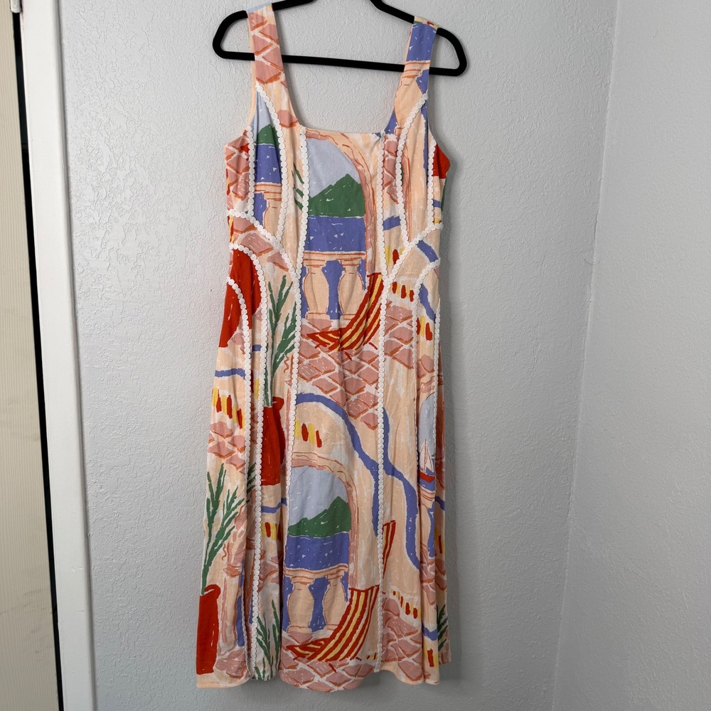 Christian Lacroix Linen Blend Landscape Print Lace Trim Midi Dress Womens Large